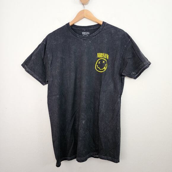 Urban Outfitters Nirvana Black Acid Wash Cotton Band Tee Graphic T-Shirt Top - Picture 1 of 8